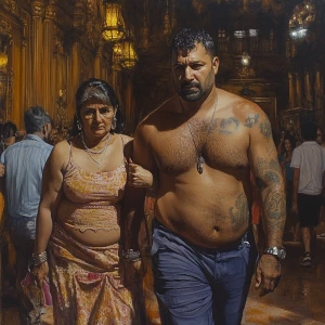 realistic painting 1:1,A sweaty beefy man walking with his 54 ye...