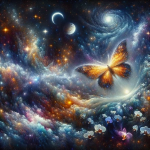 Stars,comet,constellations,orchid,Aurora,butterfly,pointillism,a...