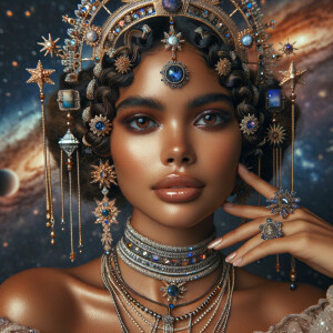 "Create a portrait of a regal  latino woman with an ethereal and cosmic theme. Her skin is a glossy light tan brown, with a smooth and flawless finish that reflects light. Her eyes are a striking hazel brown, like sapphires, with a makeup that accentuates their shape and the intensity of their color. Her hair is styled into an intricate array of braids, coils, and twists that cascade down and frame her face, adorned with beads and jewels that catch the light. She wears an elaborate headdress made of swirling patterns and motifs that evoke the mysteries of the universe, studded with shimmering stones and intricate enamel work in hues of blue and gold. Her attire consists of a cascade of layered necklaces and a majestic, shoulder-grazing earring, each piece detailed with a mix of precious stones, metals, and intricate beadwork. The background is a tapestry of stars and nebulas, suggesting a connection to the cosmos. Her pose is serene, with a hand gracefully touching her chin, adorned with rings that complement her other jewelry, all coming together to suggest an aura of wisdom and grace."