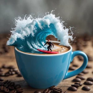 In a blue coffee cup, the coffee liquid surges to form a shape j...