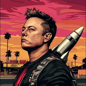 Elon Musk in GTA art style, wear a rocket as a backpack., in th...