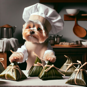 A yorkie chef, wearing a cute apron, is wrapping bamboo leaves i...