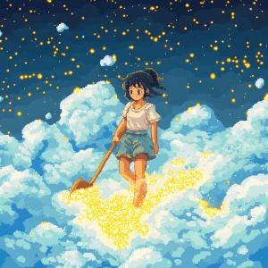 A 24-bit styled illustration of a girl amidst clouds, with yello...