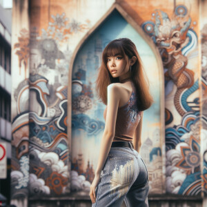 Attractive, Asian teenage girl, long brown hair and bangs, wearing tight skinny jeans and a halter top paint marks on her clothing, backside view heroic pose Asian graffiti