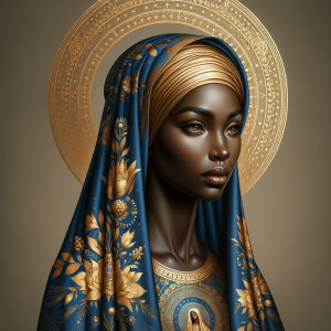 A dignified woman with a serene expression stands as a modern re...