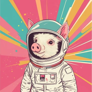 Cute cartoon pig with CAT face in vintage white spacesuit and NA...