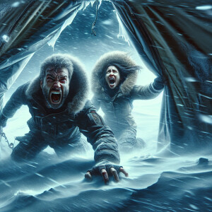 A man and woman desperately cut a gash in a scientific tent lett...