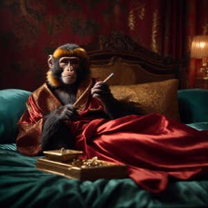 A monkey lounging in bed, dressed in a luxurious silk robe and h...