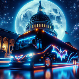 Neon-glow Batman tour bus with startrail and motion blur effects...