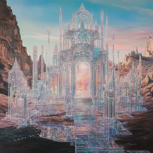 Amidst a crumbling digital wasteland, a grandiose holographic pa...