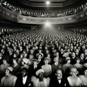 A packed theater in the roaring 1920s, filled with an enthusiast...