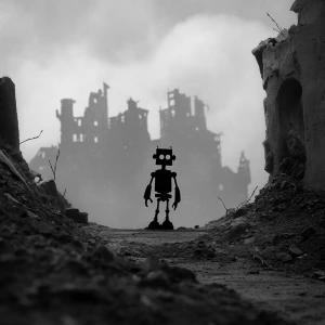 Small black silhouette of the robot to walk through a ruined cit...
