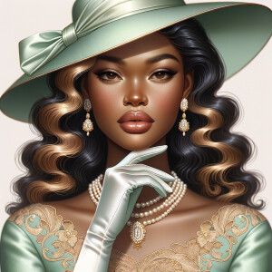 Imagine a portrait of a light-skinned African-American woman with distinct Hawaiian features. She has a serene and regal expression, with full lips and high cheekbones, exuding elegance. Her hair is styled in loose waves that cascade down her shoulders. She wears a lavish mint green gown with intricate golden embroidery, reminiscent of traditional Hawaiian patterns, adding a touch of regal heritage. A sophisticated, wide-brimmed hat in matching mint green adorns her head, accented with a tasteful ribbon. The woman is accessorized with elegant pearl earrings and a matching necklace, highlighting her refined taste. She poses gracefully with one hand delicately touching her chin, showcasing long, white satin gloves that reach past her elbows, completing this harmonious blend of Hawaiian allure and timeless sophistication.