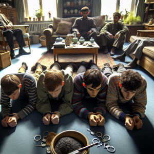 4 caucasian male teens handcuffed, laying flat face down on the...