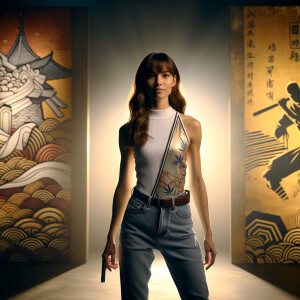 Athletic Thin skinny Attractive, Asian teenage girl, long brown hair and bangs, wearing tight skinny jeans and a halter top paint marks on her clothing, heroic pose Asian graffiti background, backside view