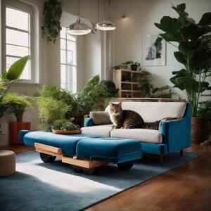 Design a modern, cozy living room featuring wooden floors and co...