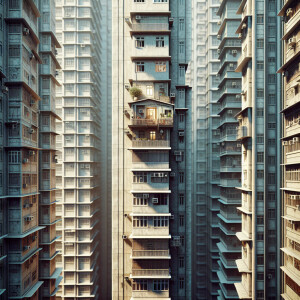 A small balcony of an old apartment squeezed between concrete bu...