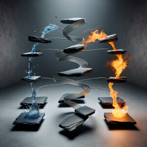 Floating thin slabs of black slate stone that connects the piece...