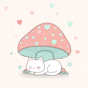 cute chubby white cat sleeping under a pastel pink mushroom with...