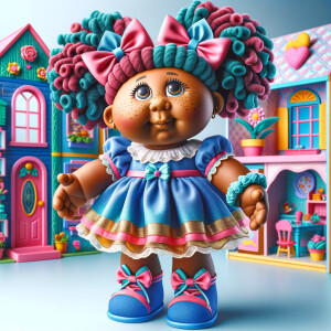 Design a 3-D realistic original African-American Cabbage Patch doll. She has on a blue pink and gold dress with matching booties. She has pink and blue bows in her hair. she lives inside of a colorful dollhouse. She has freckles and big dimples.