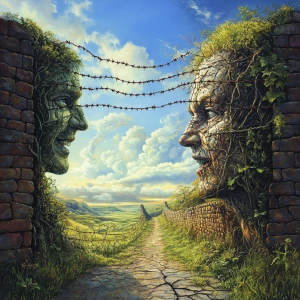 Create an image that depicts two parallel worlds: one brimming with prosperity and joy, characterized by lush landscapes, smiling faces, and an overall sense of well-being; the other riddled with barriers, high walls, and tangled barbed wires, symbolizing struggle and adversity.