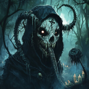 A dark, horror-themed digital illustration of a terrifying maske...