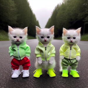 three white kittens with black eyes, one week old, wearing neon...
