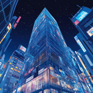 A towering glass skyscraper with sleek, angular design, illumina...