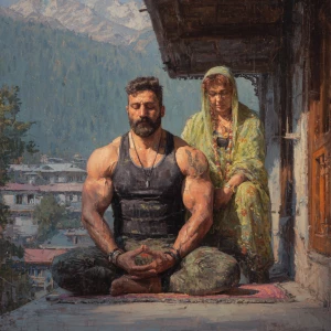 realism,sharp painting,A man muscular beefy sweaty doinga yoga s...