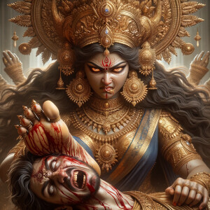 portrait of angry looking goddess durga placing her foot on a defeated mahishasur. She is wearing gold armor, a huge gold crown, gold saree, abundant  gold jewelry, covered in blood. The scene is set in ancient India. The image is 8K resolution, photography, cinematic, ultra detailed face and epic