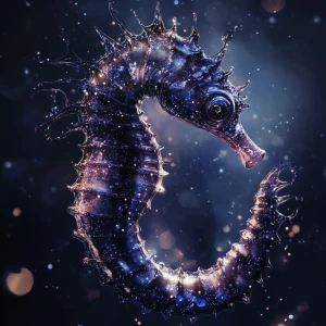 Create an image of a seahorse that embodies elements of darkness and the cosmos, featuring distinctive cool tones that are rare and not typically seen.