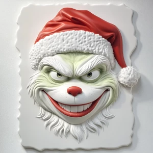 Hyper-detailed bas relief of the grinch wearing a santa hat, wit...