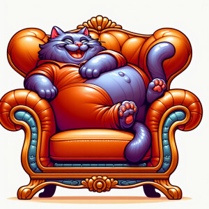 A cartoon. A fat, smiling cat sitting in an armchair