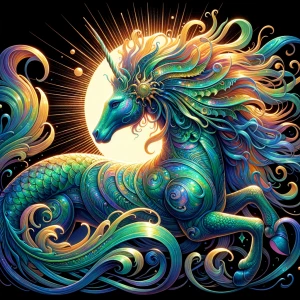 A shimmering solarpunk retrograde kelpie, its majestic form exud...