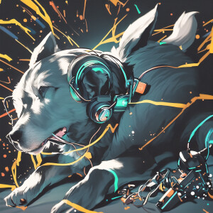 generate an image of a dog with headphones