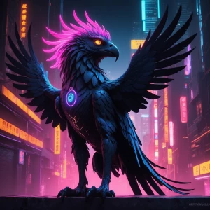A strikingly sleek noir-inspired neon-noir griffin, its silhouet...