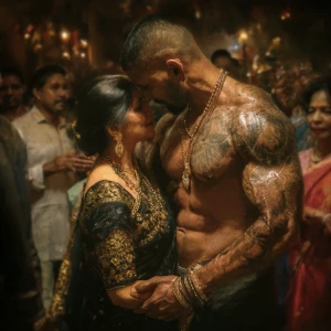 Realism,photo painting.a muscular beefy sweaty tattoed indian ma...