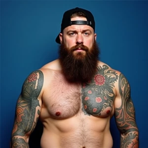This image depicts a shirtless, heavily tattooed man with a thic...