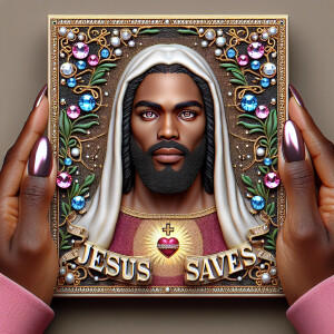 A 3D realistic artwork featuring the phrase 'Jesus Saves' adorne...
