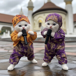 two small white kittens wearing purple and orange koko shirts an...
