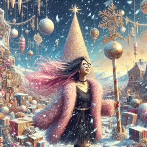 "Create a wide-angle image of a woman with long pink hair and bl...