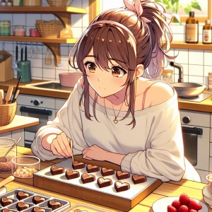 Anime girl crafting homemade Valentine's Day chocolates with a h...