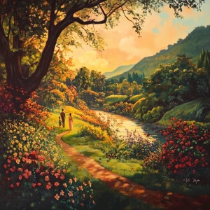 Garden of Eden. vast landscape. evening time. sunshine. warm col...