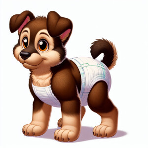 a anthropromorphic German Shepard puppy wearing a diaper