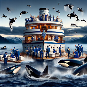 Gangsters wearing blue,partying on a yacht, ocean scene, orcas...
