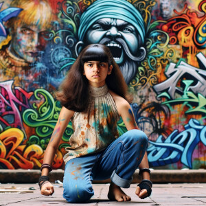 teenage girl, long brown hair and bangs, wearing tight skinny jeans and a halter top paint marks on her clothing, heroic pose Asian graffiti background, nearing on one knee