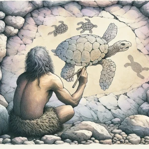 A caveman drawing a turtle on a cave wall