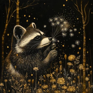 Raccoon blowing on dandelion seeds in forest among forest friend...