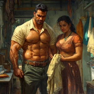 A filthy rich muscular indian sweaty beefy man packing clothes w...