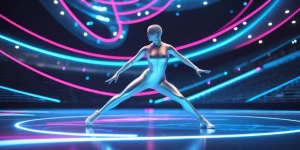 Create an image of an athlete clad in a form-fitting silver suit...